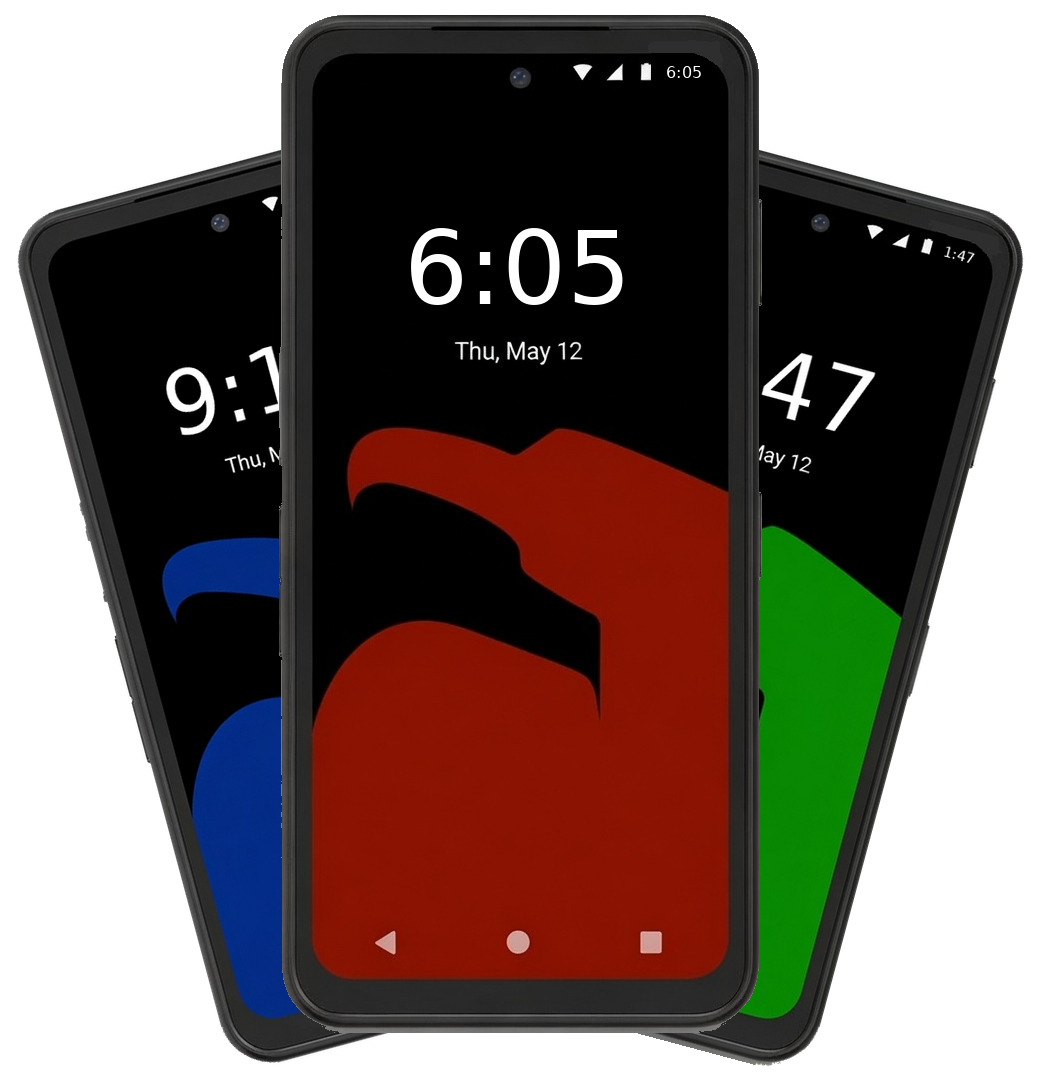 A Redwall Mobile device with its active persona shown in full color and focus, with two other sealed personas visible behind it
